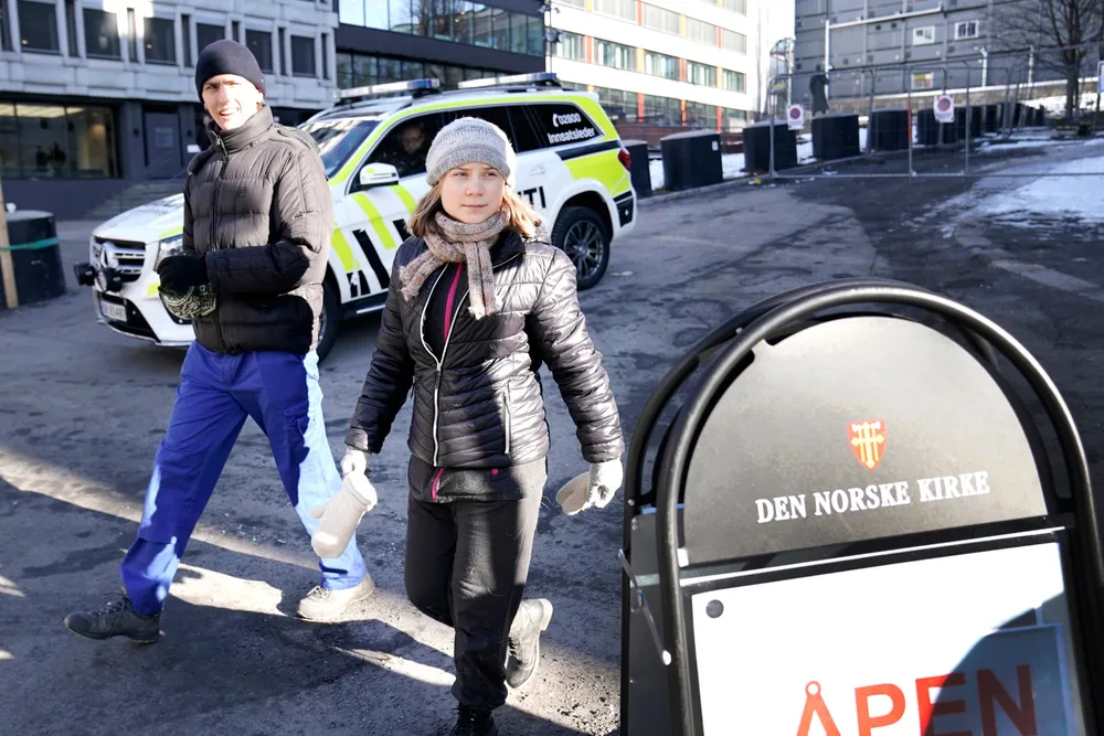 Protest: climate activist Greta Thunberg outside the Norwegian Ministry of Oil & Energy, where protests were held against giant wind turbines on indigenous land.