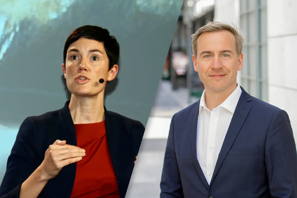 Volues nye konserndirektør for kraftnett, Richard Schytte (til h), har satt seg ned med Elbits-sjef Kate Bragg. – Vi fant ut at her er det god plass til begge, sier Schytte.