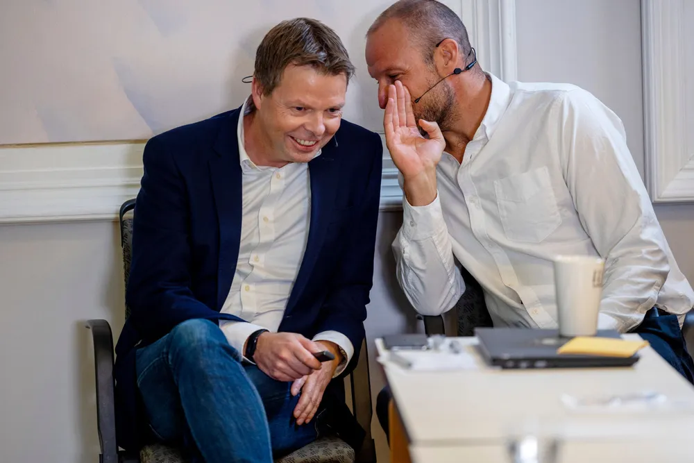 Airthings er blant tek-selskapene med det største børsfallet. Her selskapets toppsjef Øyvind Birkenes (til venstre) sammen med styreleder og investor Aksel Lund Svindal.