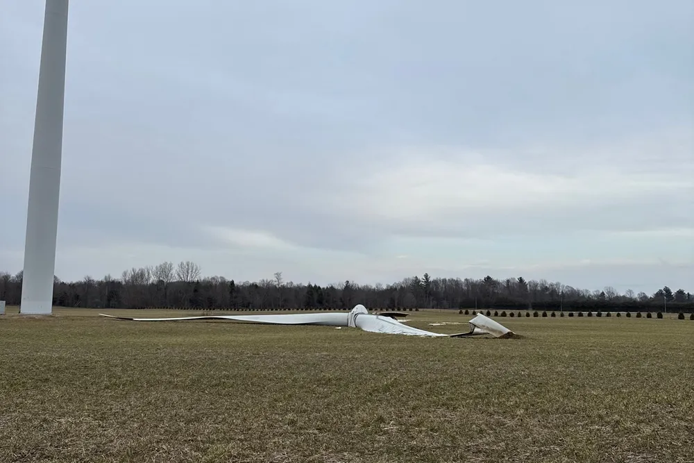 A collapsed GE turbine at the Erie Shores wind farm
