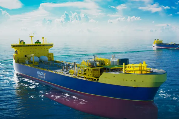 An illustration of an FSIU vessel in the foreground, taking cargo from an LCO2 carrier in the background.