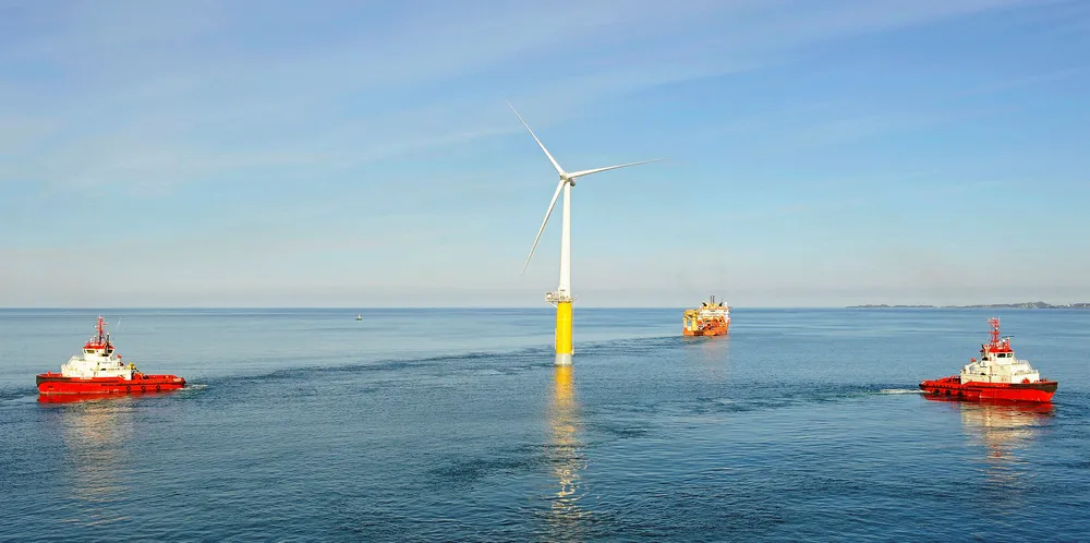 Tow-out of the Hywind Demo floating wind turbine off the west coat of Norway in 2008