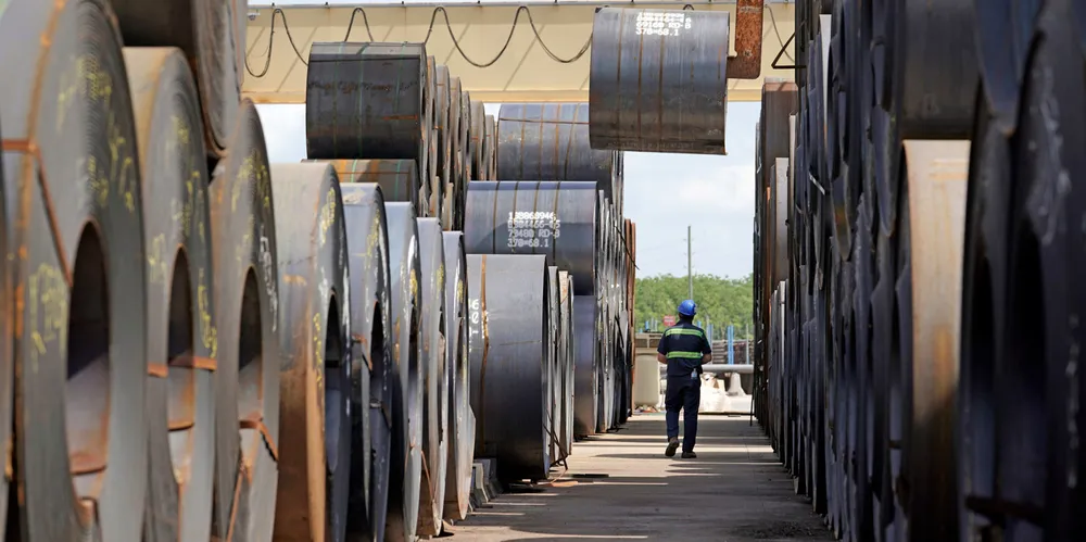 A roll of steel is moved at a manufacturing facility. Izmir Demir Celik is a major steelmaker in Turkey and the surrounding region.