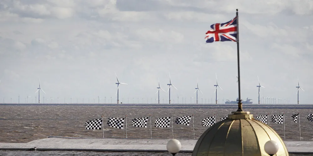 The UK's Gunfleet Sands wind farm, as seen from the town of Clacton-on-Sea