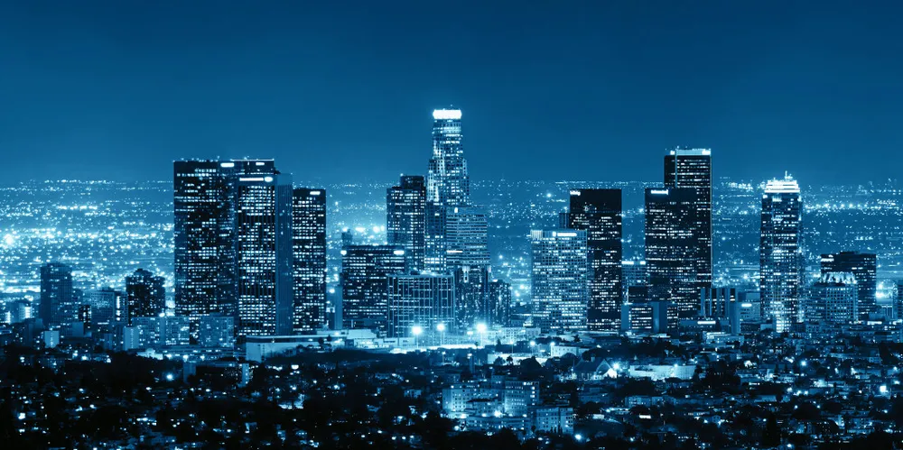Los Angeles downtown buildings at night . Los Angeles at night.