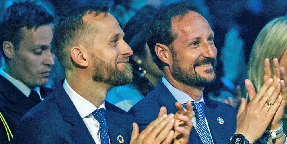 Norway's Crown Prince Haakon (right) at Nor-Shipping with event director Per Martin Tanggaard at Nor-Shipping 2019