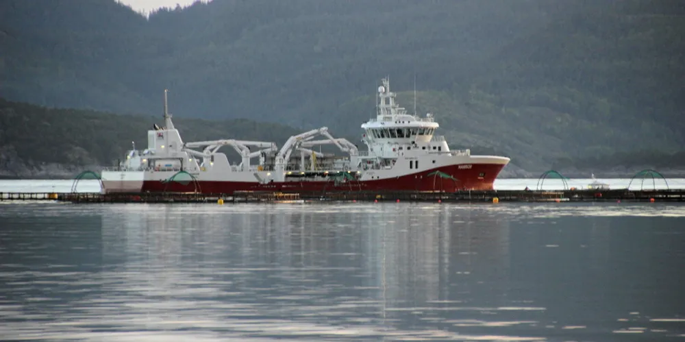 Det var om bord i brønnbåten «Namsos» at fisken døde. Båten tilhører Norsk Fisketransport (NFT) / Frøy, som igjen eies av NTS. Her er hun avbildet ved Salmonors lokalitet Tærnskjæret i Nærøysund kommune i Nord-Trøndelag