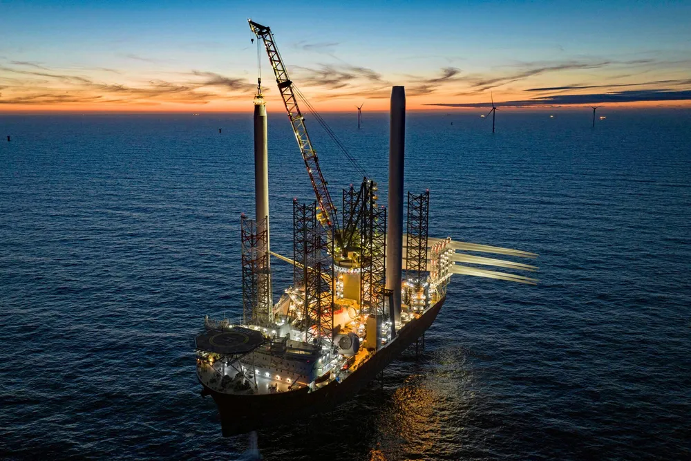 The Cadeler vessel can transport and install seven complete 15MW wind turbine sets per load, and is also able to install foundations.