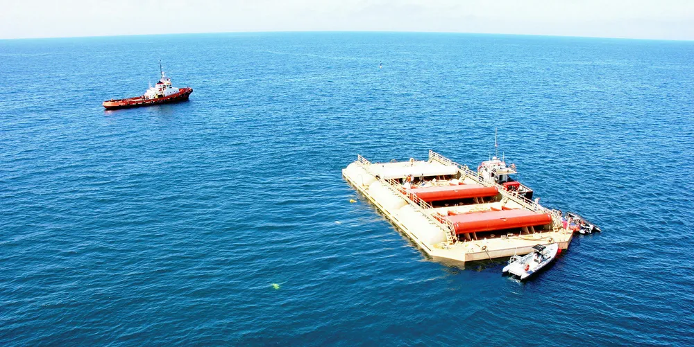 AW Energy's WaveRoller prototype on its way to testing off Peniche, Portugal