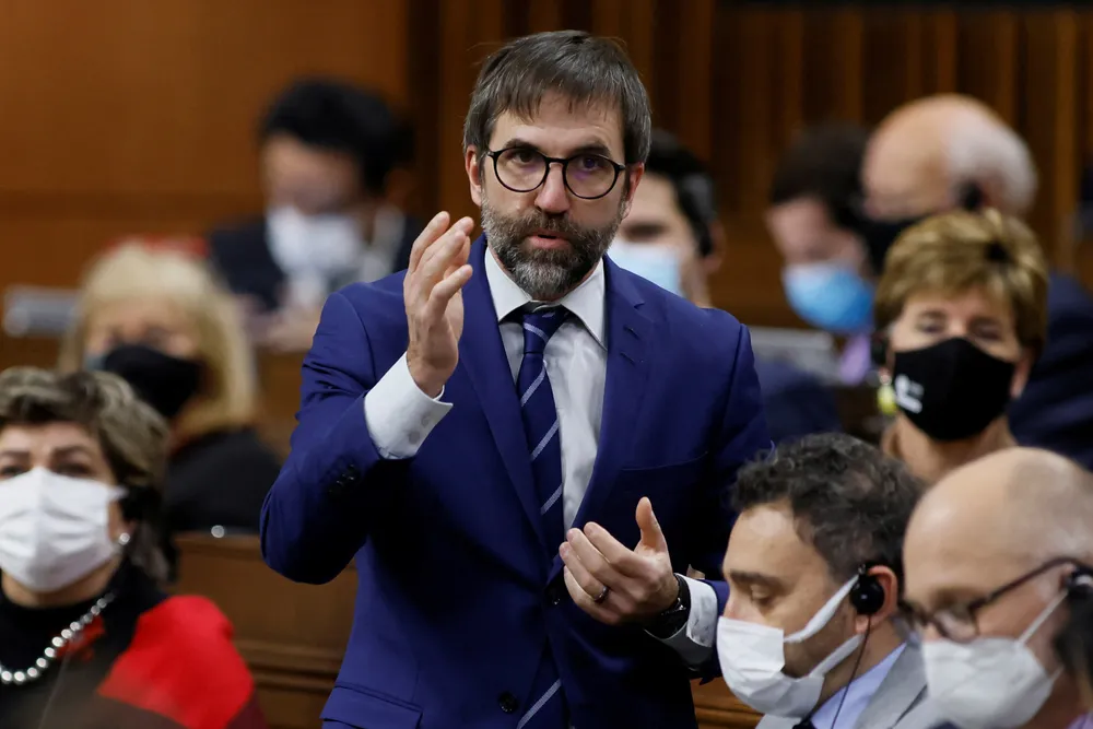 Canada's Minister of the Environment & Climate Change Steven Guilbeault speaking in parliament