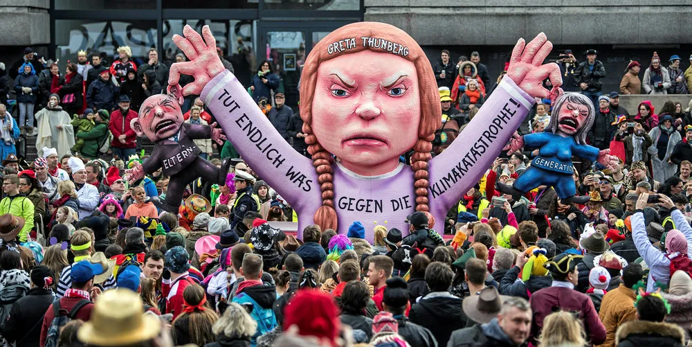 Effigy of climate activist Greta Thunberg during the Rose Monday Carnival parade on 4 March 2019 in Dusseldorf, Germany.