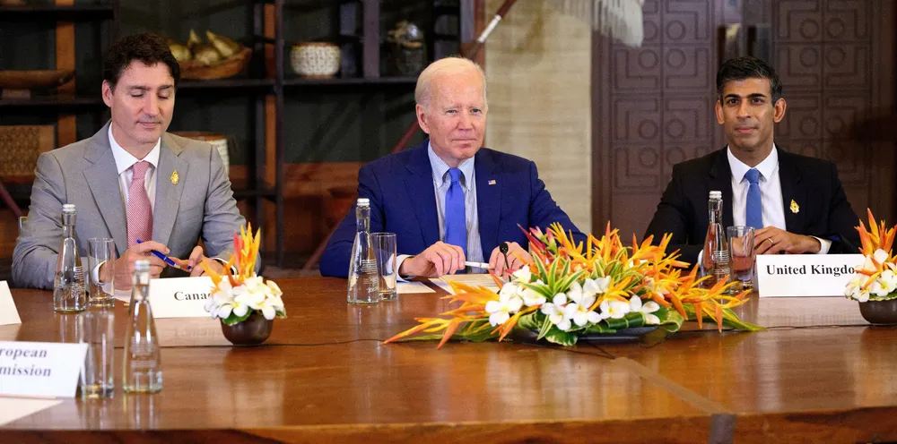 Canadian Prime Minister Justin Trudeau (left), US President Joe Biden (centre) and British Prime Minister Rishi Sunak attend the G20 summit in November. The three leaders’ IMO delegations have proposed slashing shipping’s greenhouse gas emissions by 37% in 2030.