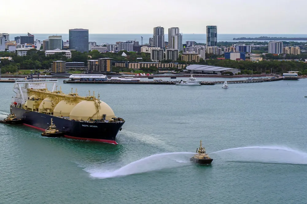Northern bound: an LNG carrier near the city of Darwin, Australia, near where there is interest in a proposed gas development offshore.