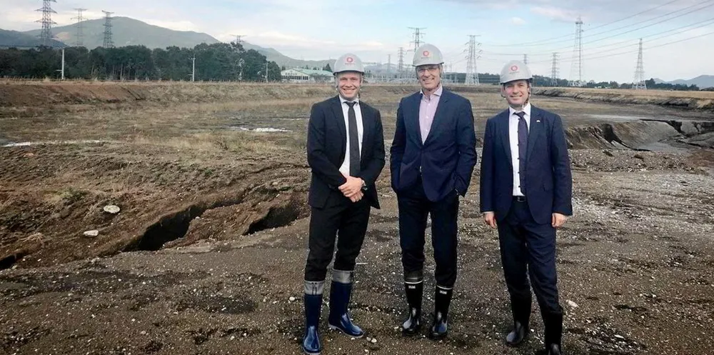 Proximar CEO Joachim Nielsen (right) expects "a pivotal year" for the company at its land-based salmon farm in the foothills of Mount Fuji.