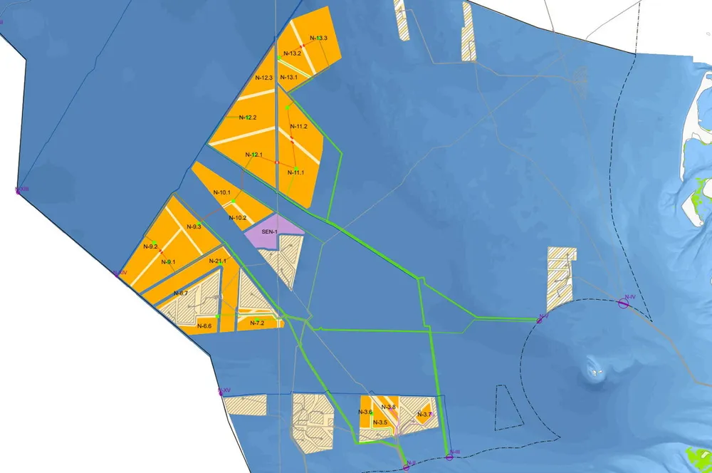 The new SEN-1 zone set aside for offshore hydrogen production — marked in purple — alongside the other new offshore wind power zones (in orange) and existing ones (in beige). The blue area represents the German portion of the North Sea.