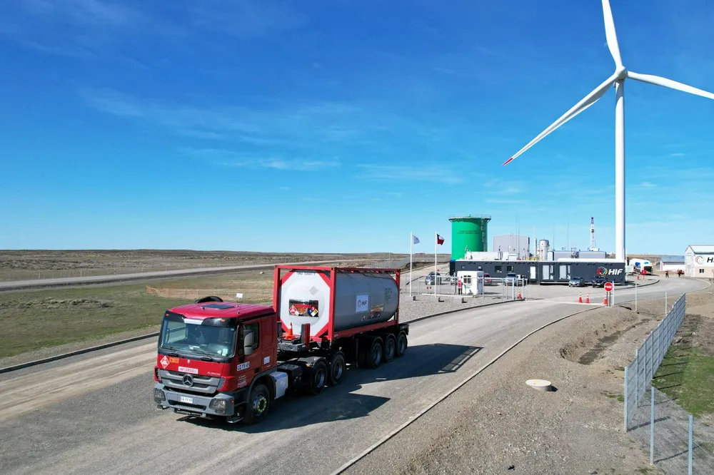 A truck transporting synthetic gasoline produced at Haru Oni to Puerto Mardones.