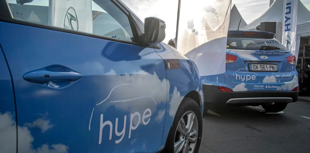 A hydrogen fuel cell car in Paris. But is blue the right colour?