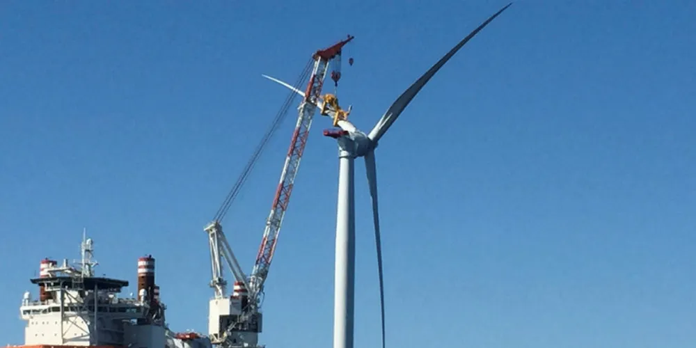 Fred Olsen Windcarrier's Brave Tern at work at the now-complete Block Island offshore wind farm