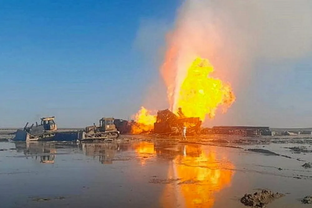 Long journey: Fire at exploration well #303 on the Karaturun East field on the Buzachi Peninsula in western Kazakhstan.