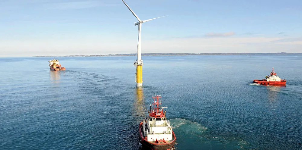 Norway's only offshore wind turbine, the floating Hywind Demo, in tow in 2009