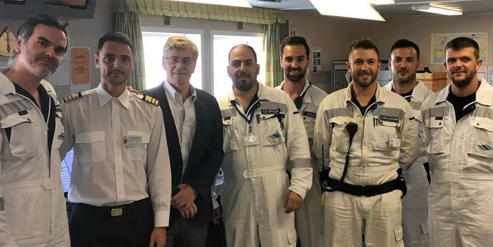 Chief executive Paul Wogan (third from left) visits one of GasLog's vessels in pre-Covid-19 days.