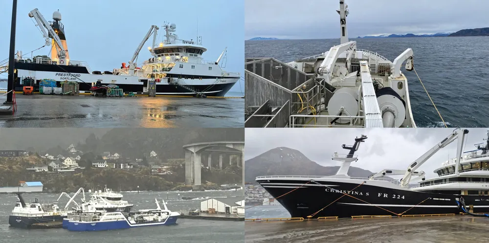 «Prestfjord» (oppe til venstre), «Ingrid Majala» (oppe til høyre), aktivitet ved Måløy Havn (nede til venstre) og «Christina S».