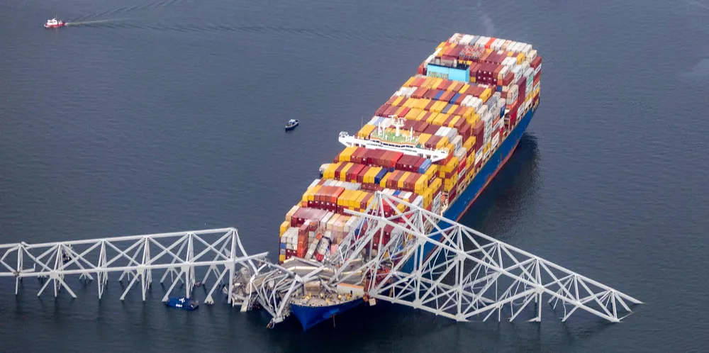 The Dali is seen after running into and collapsing the Francis Scott Key Bridge.