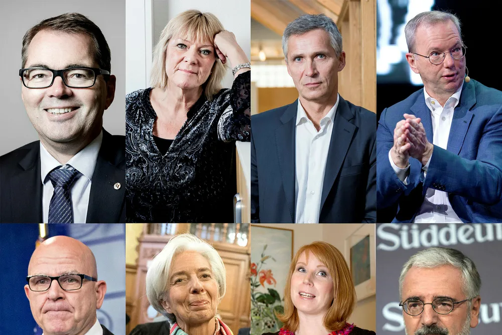  Fra venstre: Svein Richard Brandtzæg , Kristin Clemet, Jens Stoltenberg, Eric Schmidt, H.R. McMaster, Christine Lagarde , Annie Lööf og Paul Achleitner. DN/Getty Images/Bloomberg