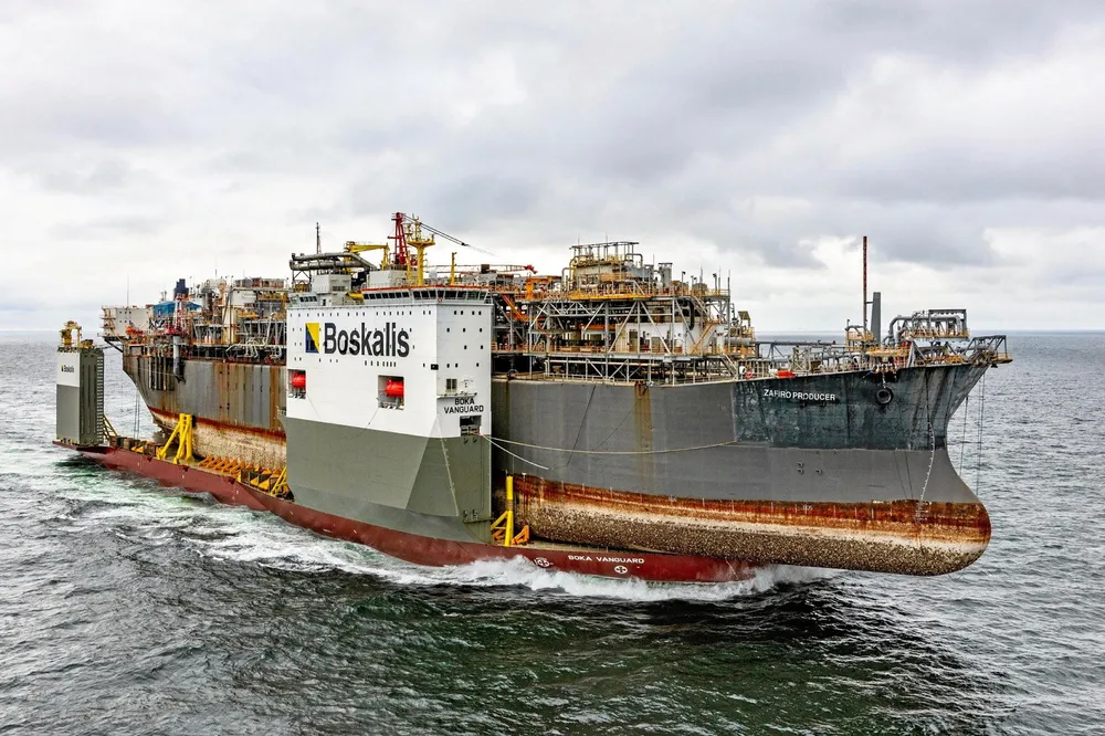Dead end: The Zafiro Producer floating production unit on route to Denmark aboard the Boka Vanguard transport vessel.