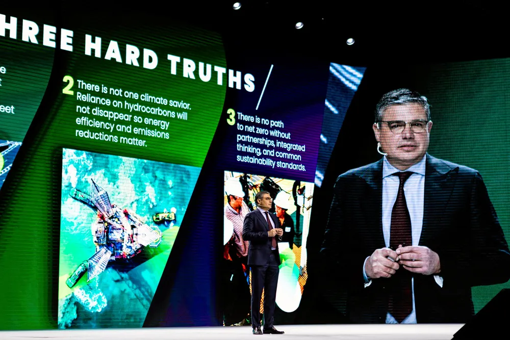 Deal: Baker Hughes chief executive Lorenzo Simonelli speaks at the company's annual meeting in Florence, Italy in early 2023.