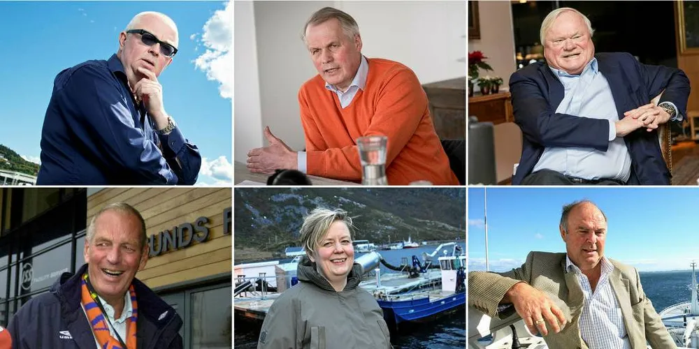 RIKINGENE I SJØMAT-NORGE: 40 av landets 400 rikeste er tilknyttet sjømatnæringen. Nå kan oppdretterne få økt skatt på overskuddet, kanskje er flåteledet neste ut. De som må betale mer er Gerhard Alsaker (oppe t.v.), Gustav Witzøe, John Fredriksen, Eva Kristoffersen (midten andre linje). Bjarne Haagensen (nede t.v.) og Peder O. Lie (nede t.h) slipper foreløpig unna.Foto: Collage: Kay Åge Strøm-Grøtan