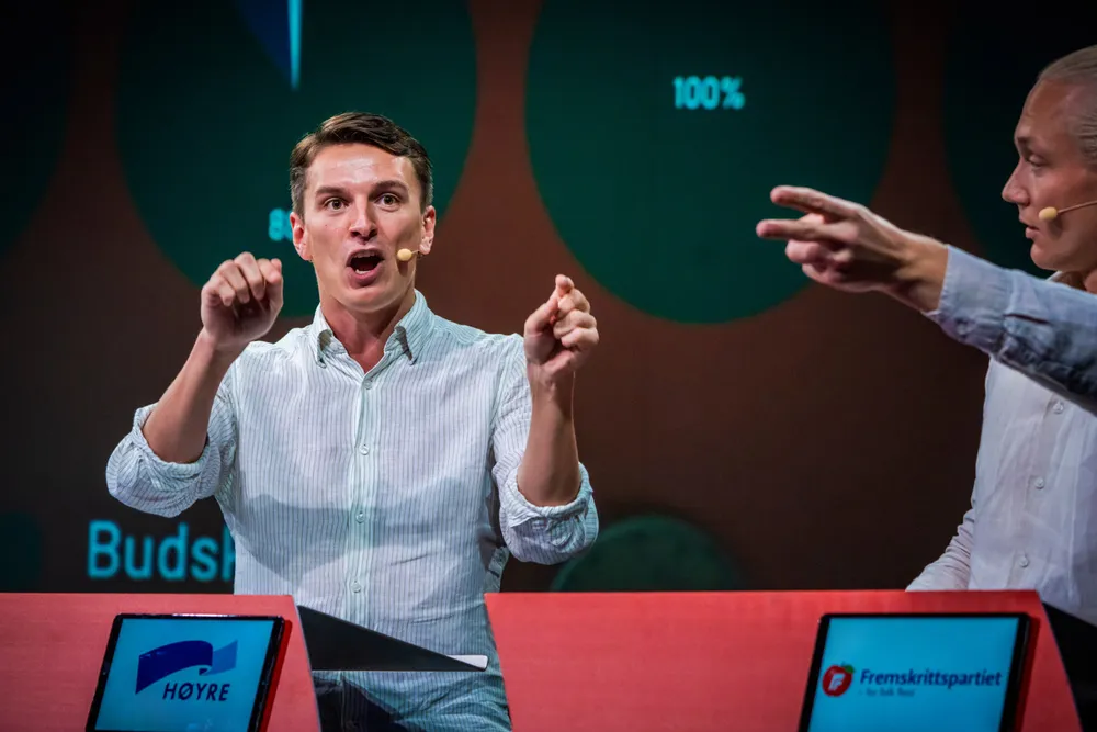 Ola Svenneby, leder i Unge Høyre, under ungdomspartilederdebatten på Arendalsuka 2023.