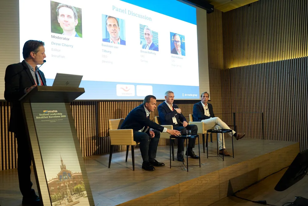 The IntraFish Seafood Leadership Breakfast took place in Barcelona on May 6. Pictured (left to right): Drew Cherry (IntraFish Editor), Alois Hofbauer (Regal Springs CEO), Steven Rafferty (Cermaq CEO), Bastiaan van Tilburg (Skretting CEO).