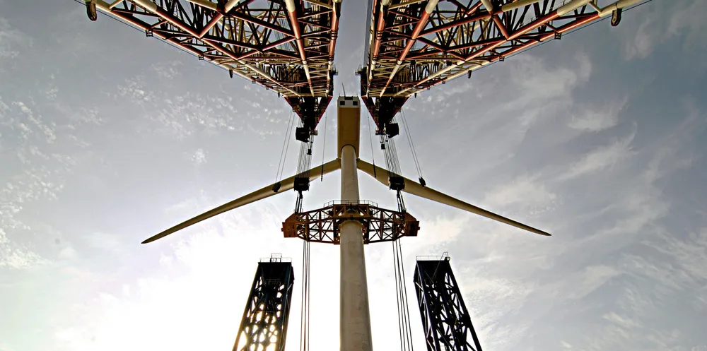 Turbine being installed at China's first offshore wind farm, Sinovel's Donghai Bridge project