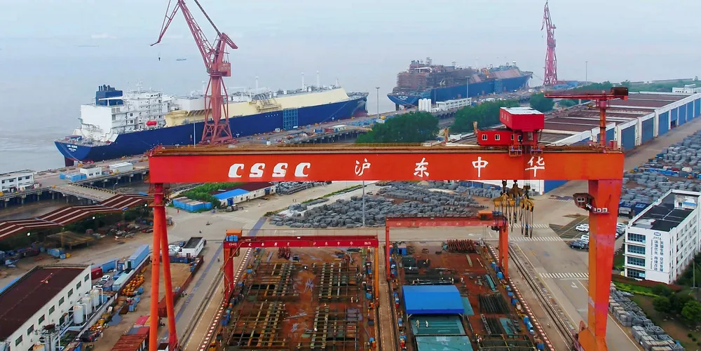 LNG carrier outfitting is seen underway at Hudong-Zhonghua Shipbuilding.