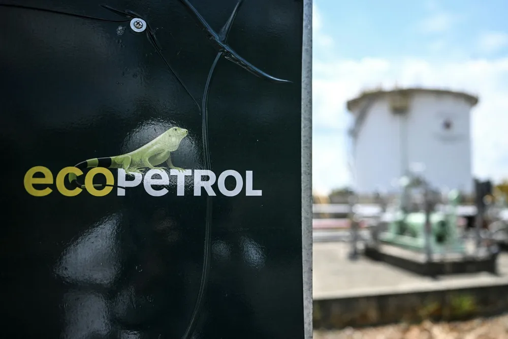 The logo of Ecopetrol is seen on a crude oil storage tank at the plant in Acacias, south of Bogota.