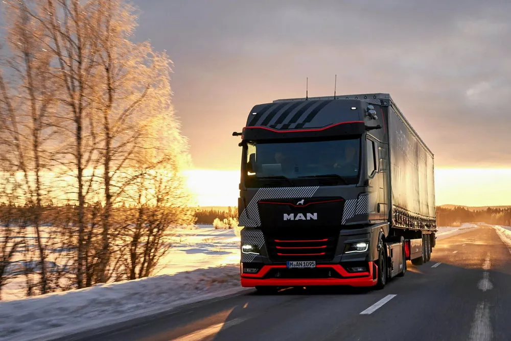 A MAN battery electric truck undergoing winter testing.