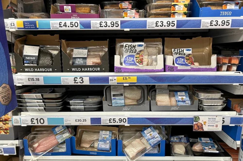 Pre-packaged seafood on the shelves of UK retailer Tesco.