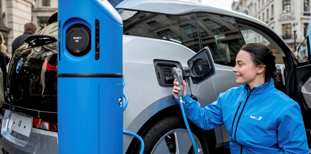 Charging a BMW i3 electric vehicle in central London.