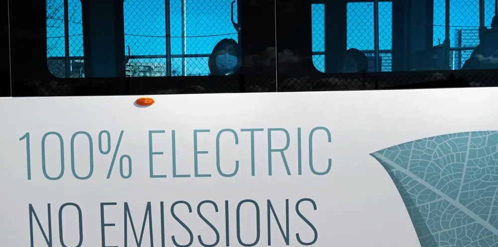 People ride an electric bus on April 08, 2021 in Providence, Rhode Island.