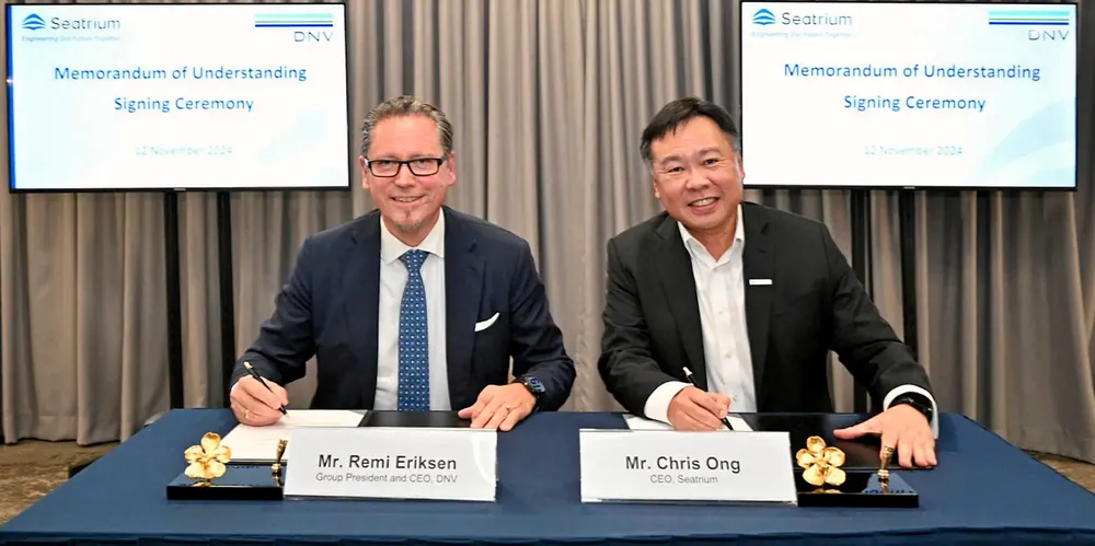 DNV chief executive Remi Eriksen and Seatrium chief executive Chris Ong at the MoU signing and AiP award ceremony.