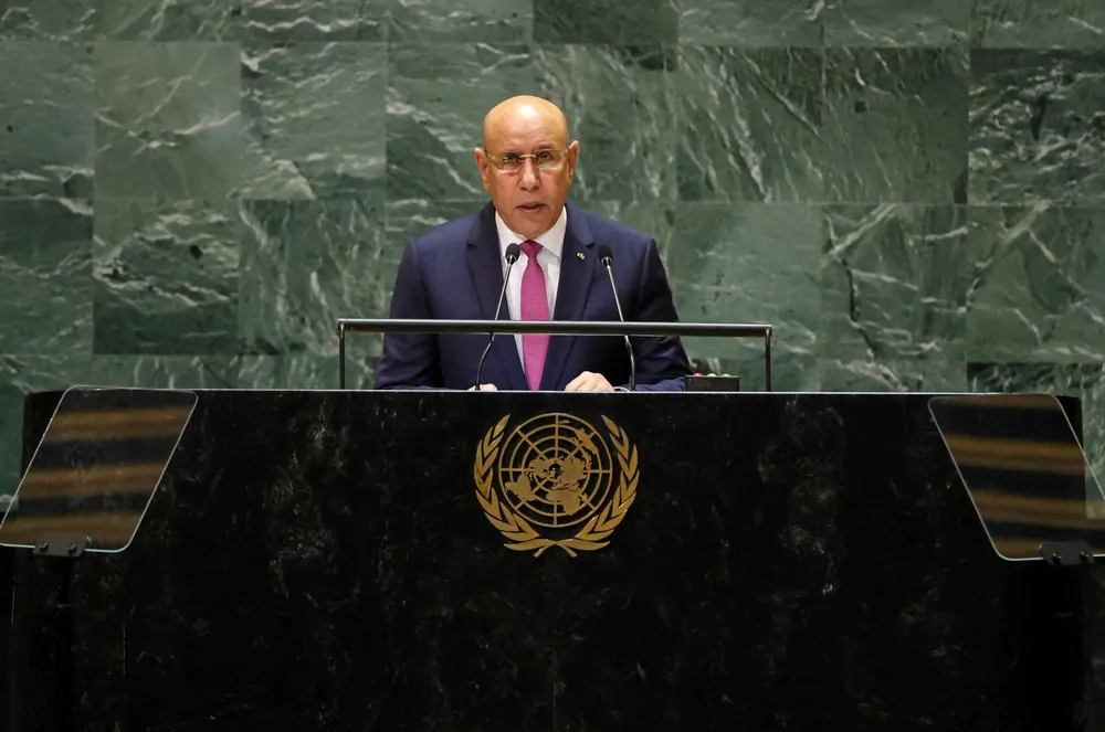 Mohamed Ould Cheikh El Ghazouani, president of Mauritania, speaking at the UN General Assembly in New York in September 2024.