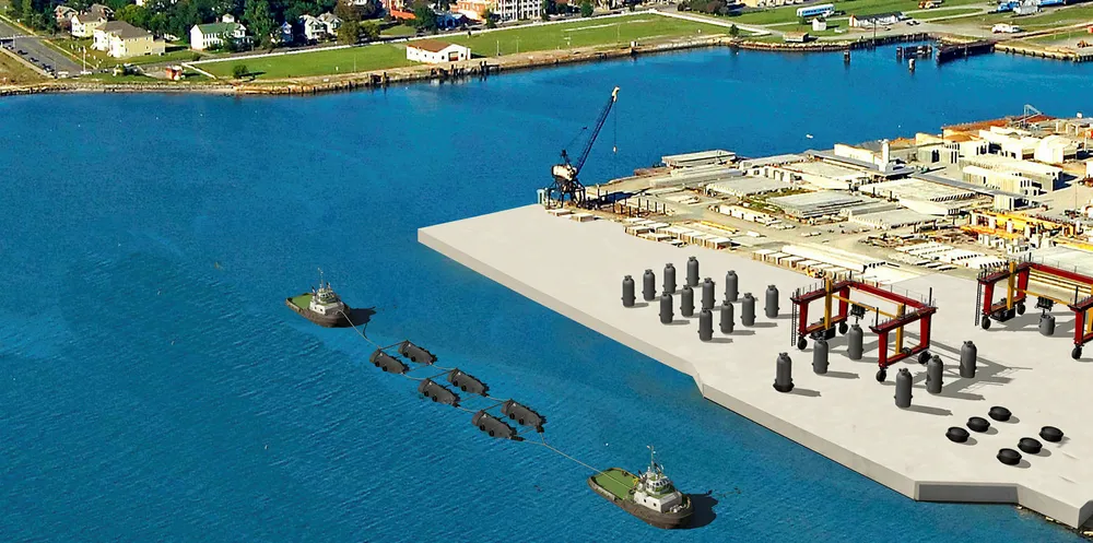 CGI of tow-out of RCAM Technologies' floating wind platforms anchor assemblies