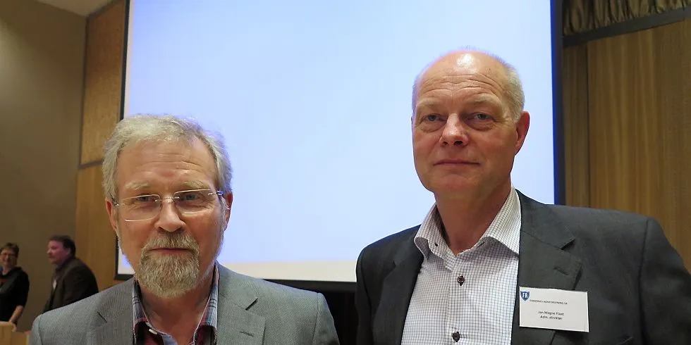 Styreleder Einar Frismo og administrerende direktør Jan Magne Flaat er fornøyde med at årsmøtet gikk for deres forslag om å fortsette arbeidet for et logistikksenter i Tromsø. Foto: Mia Kanstad Kulseng