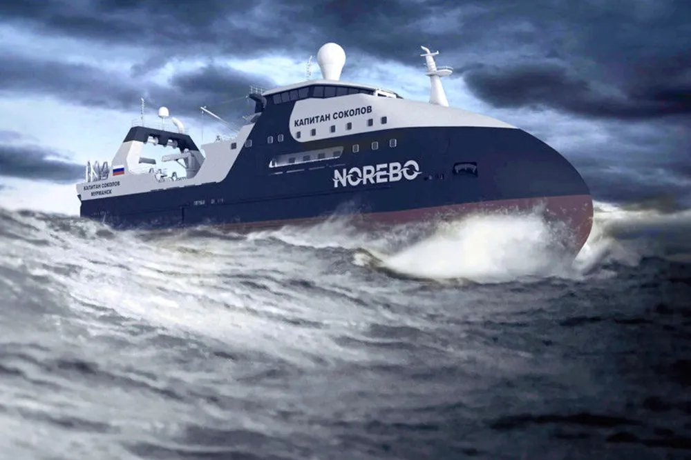 Den 81 meter lange tråleren «Kapitan Sokolov» – et høyteknologisk, yachtlignende designvidunder med et anlegg som kan produsere 150 tonn fiskeprodukter per dag, og med en daglig frysekapasitet på 100 tonn, er blant fiskefartøyene til Norebo som er under produksjon.