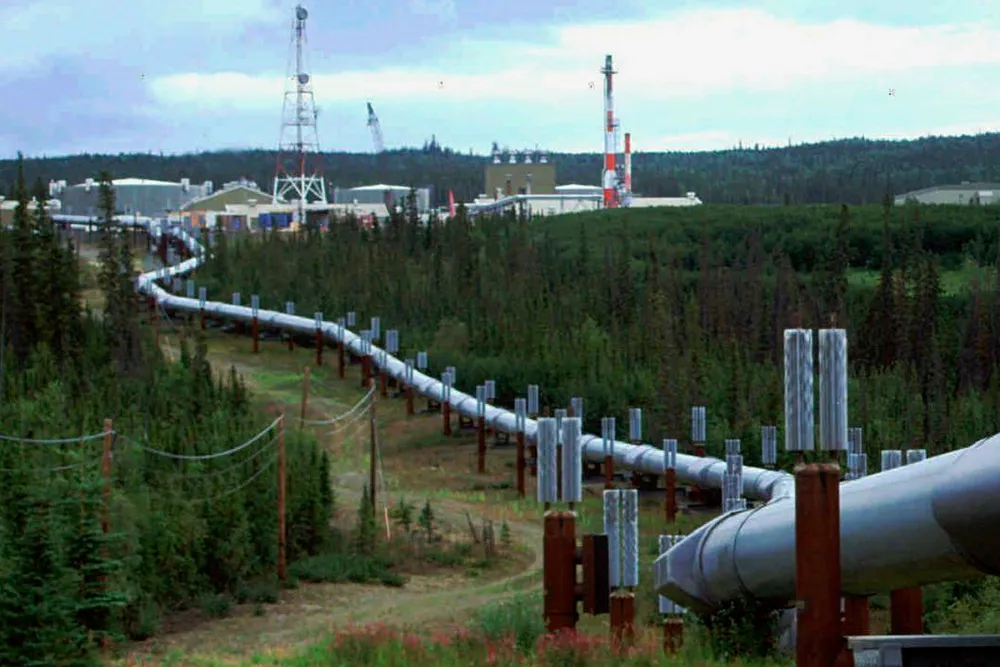 A segment of the Trans-Alaska Pipeline System and a pump station north of Fairbanks, Alaska.