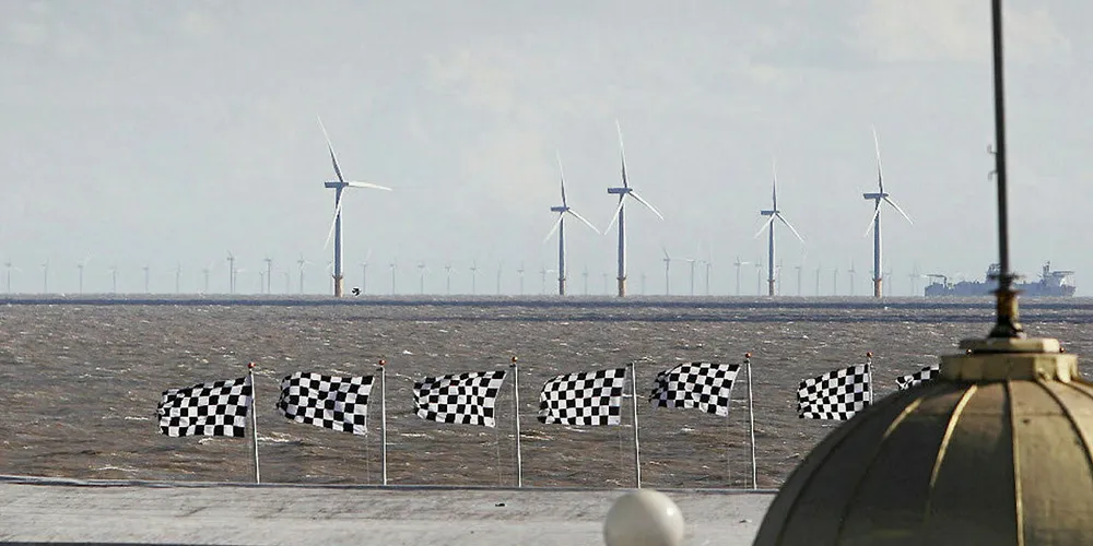 The UK's Gunfleet Sands wind farm, as seen from the town of Clacton-on-Sea