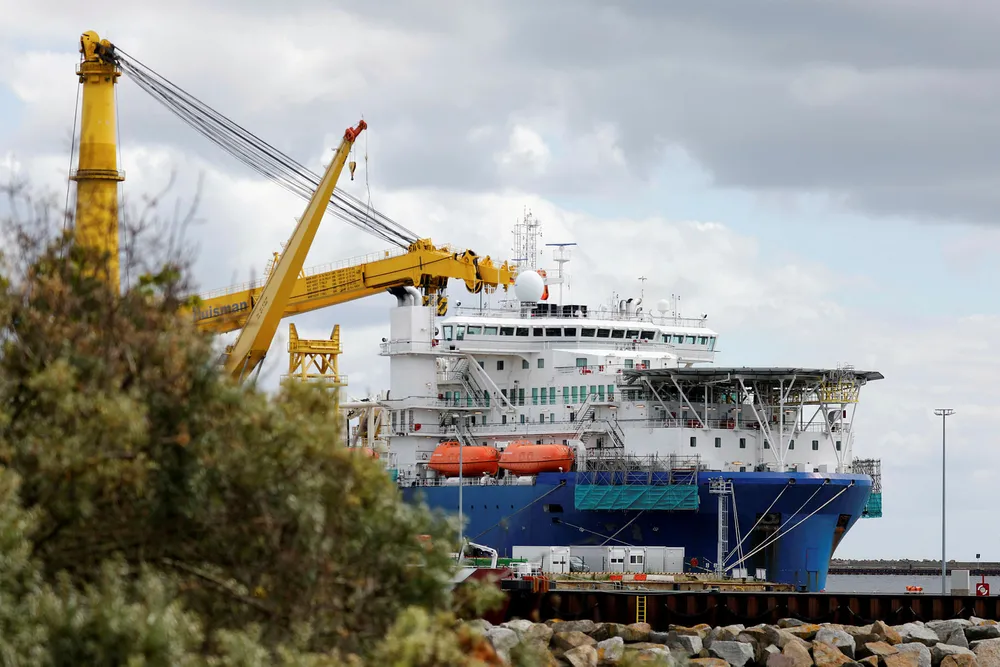 Secrecy: pipelaying vessel Akademik Chersky that is being re-fitted for Nord Stream 2 construction, in the port of Mukran in July 2020