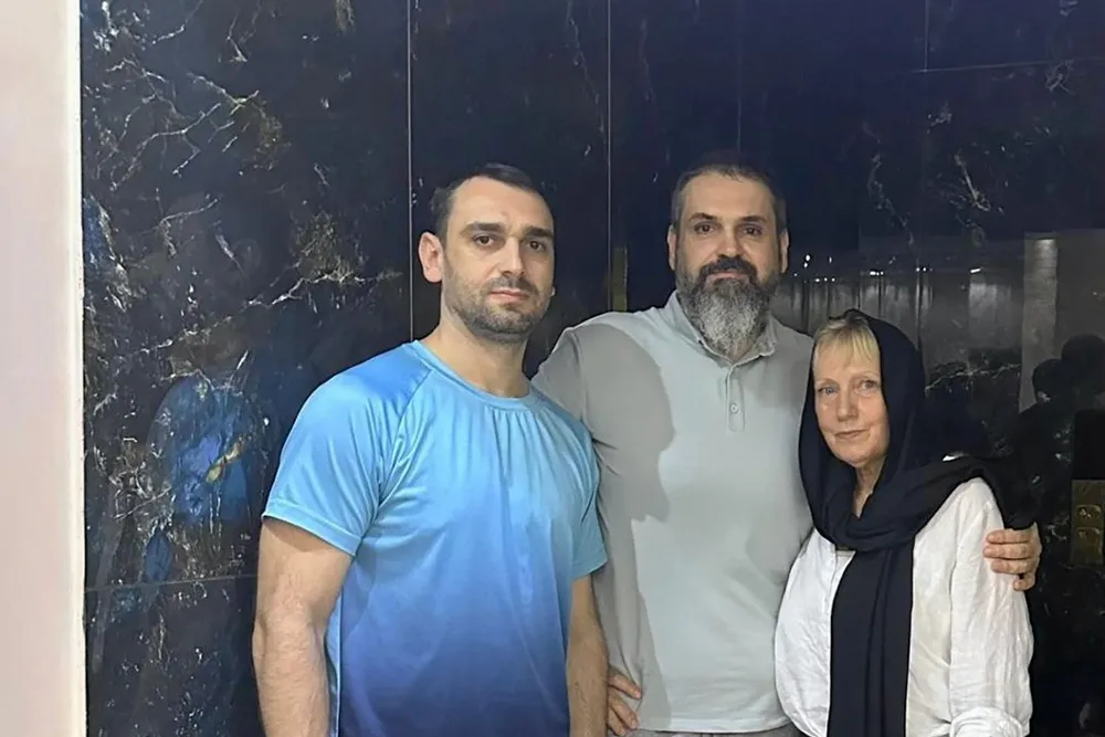 The Galaxy Leader’s Bulgarian master Lyubomir Chanev (centre) and second crew member, Danail Veselinov, with Bulgarian MEP Elena Yoncheva.