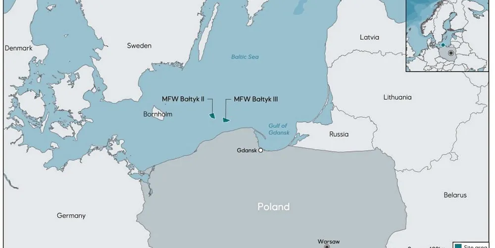 Map of Equinor and Polenergia's Baltyk offshore wind projects off Poland